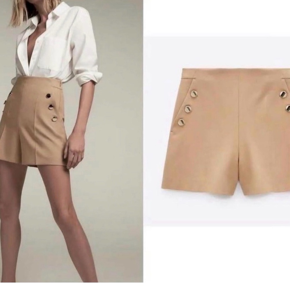 Zara Camel Brown high waisted buttoned nautical sailor Bermuda shorts Sz L